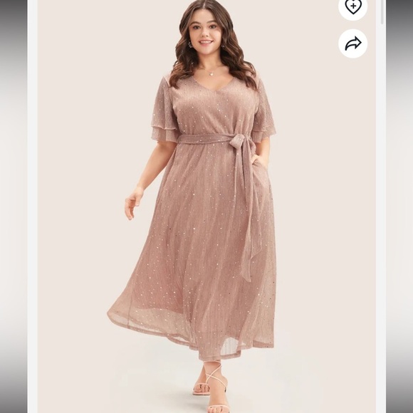 BloomChic Plus Size Plain V Neck Mesh Pocket Ruffle Tiered Belted Midi Dress - Picture 4 of 6